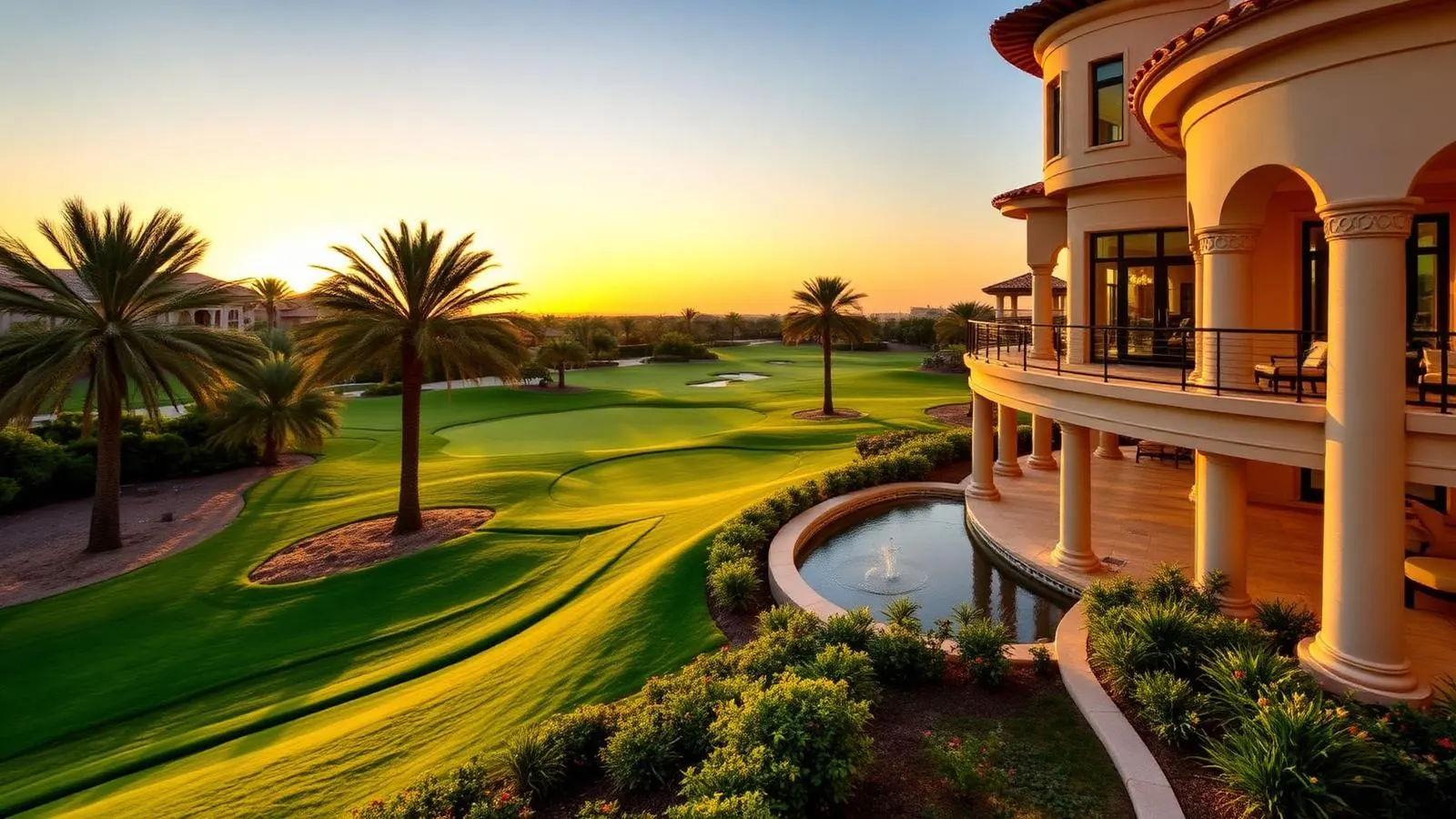 Luxury Mediterranean villa overlooking championship golf course fairway in Jumeirah Golf Estates at sunset