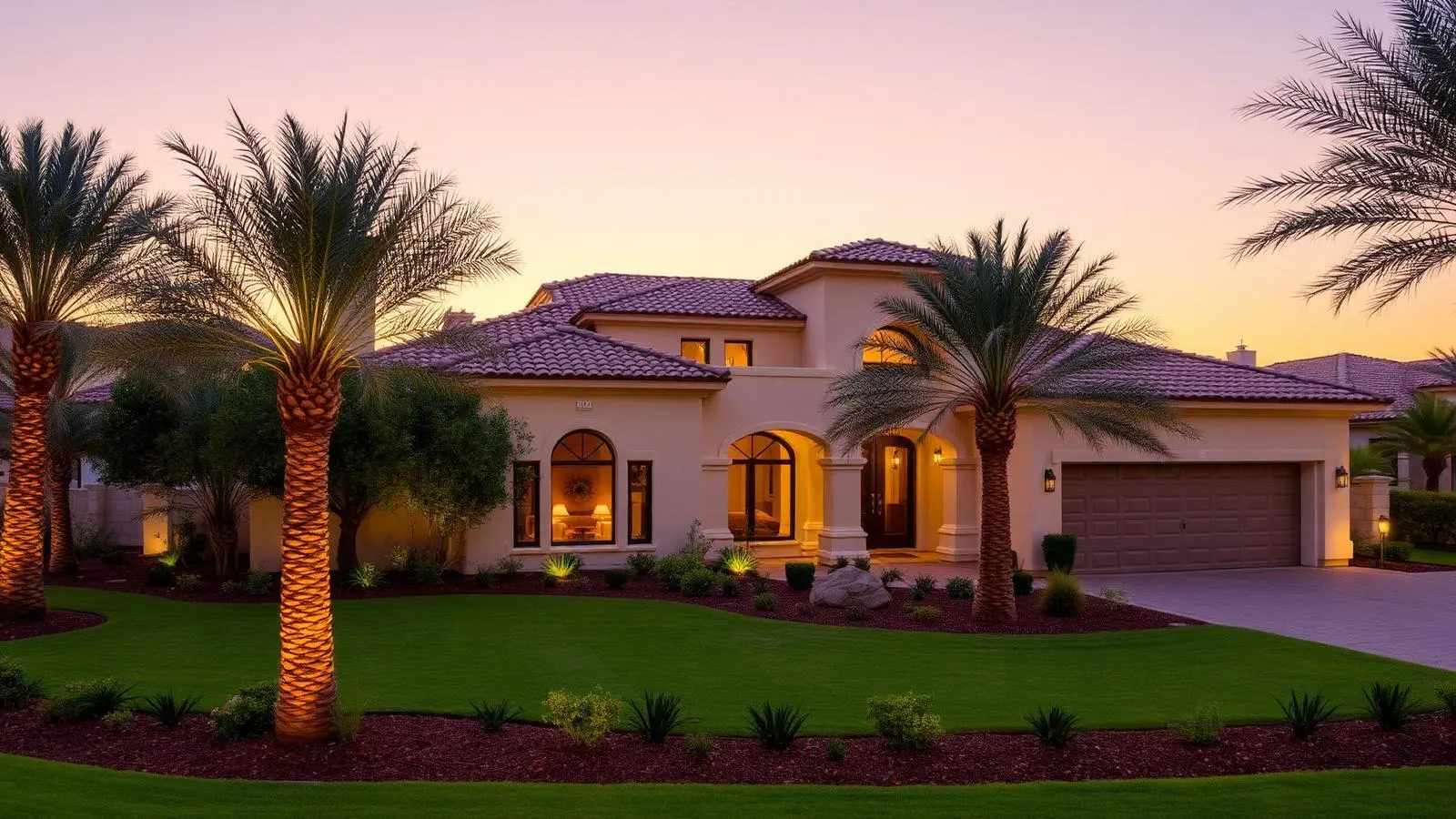 Mediterranean style family villa in Arabian Ranches at dusk with palm trees and landscaped garden