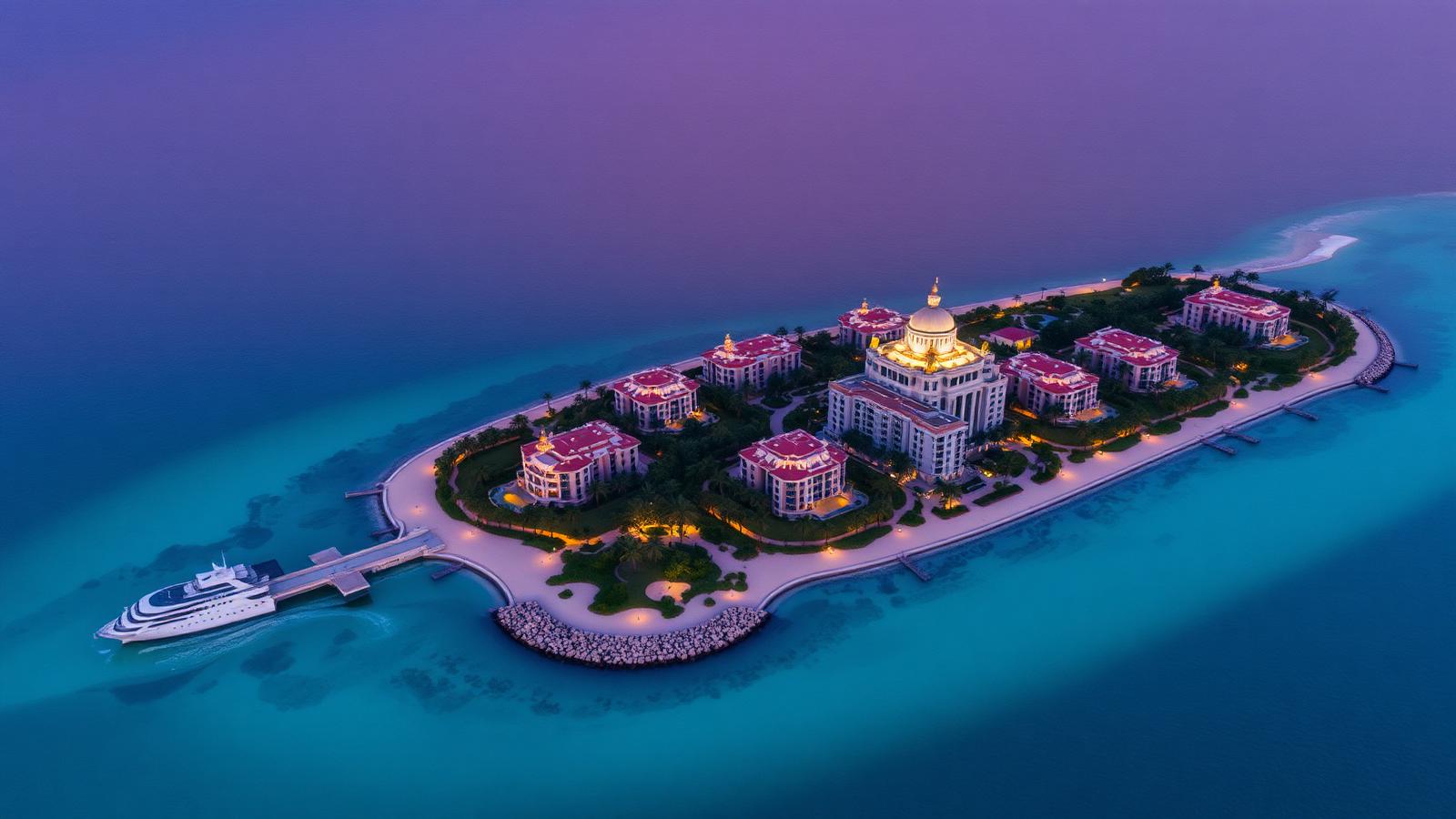 Aerial view of Palm Jumeirah crescent and fronds at twilight with luxury villas