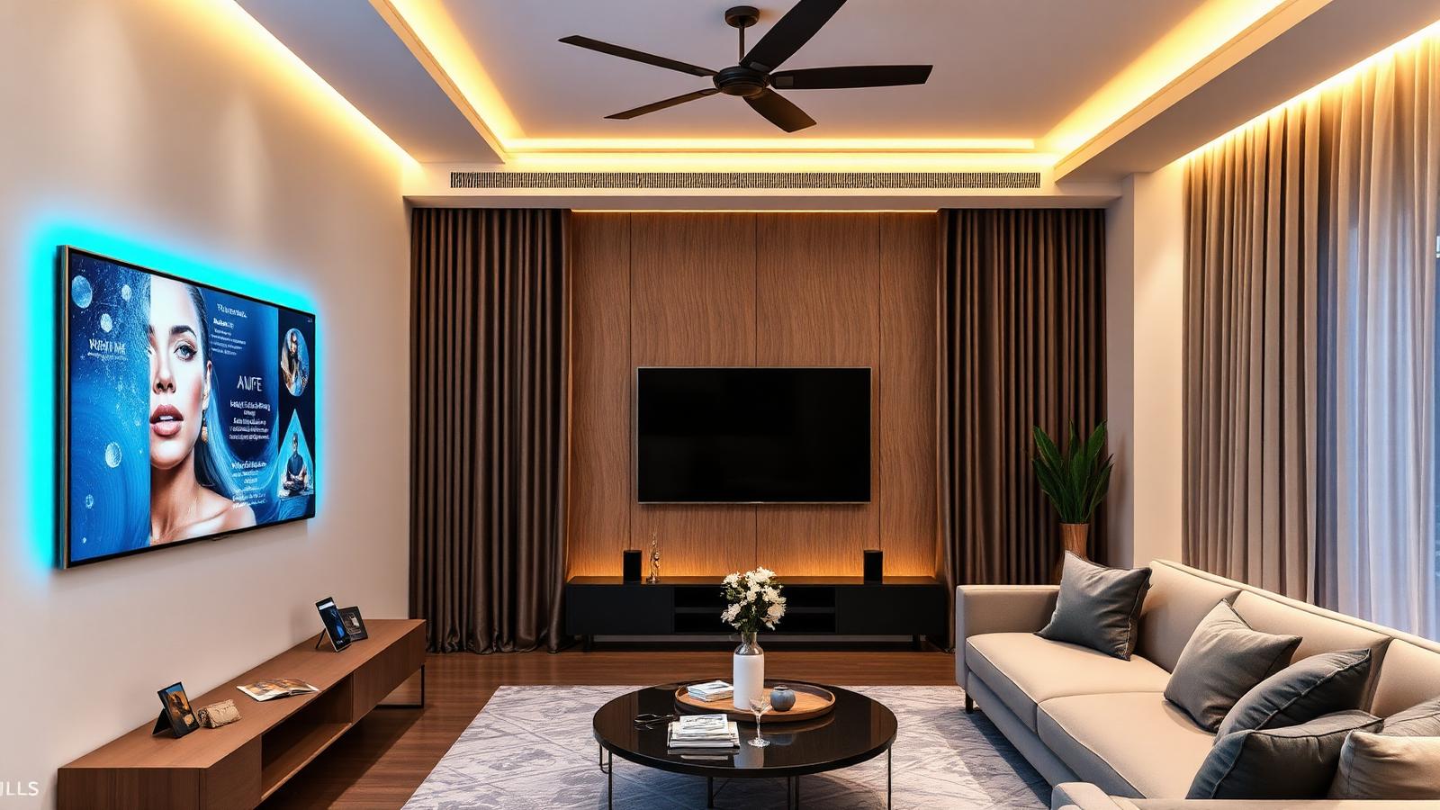 Family room in a Meadows villa with smart lighting and family-mode automation